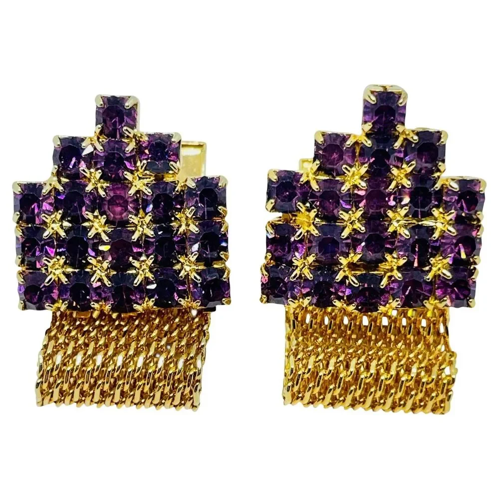 Vintage gold tone amethyst glass massive designer cufflinks